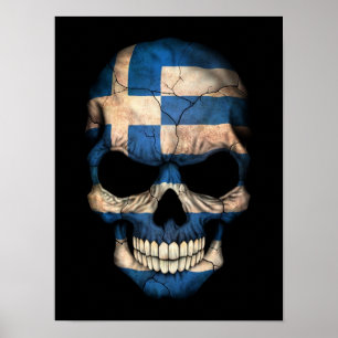 Poster Crânio grego da bandeira no preto