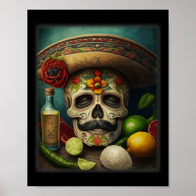 Poster Crânio Mexicano Tequila Sombrero Cinco De Mayo (Frente)