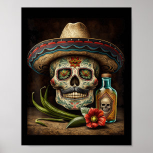 Poster Crânio Mexicano Tequila Sombrero Cinco De Mayo