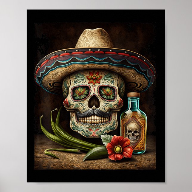 Poster Crânio Mexicano Tequila Sombrero Cinco De Mayo (Frente)