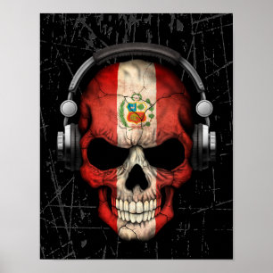 Poster Crânio peruano riscado do DJ com fones de ouvido