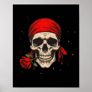 Poster Crânio Pirata E Flor Vermelho De Mão Cruzada Para
