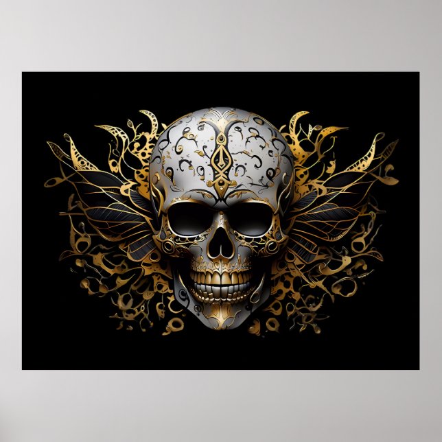 Poster Crânio Tribal Itriciado em Ouro (Frente)