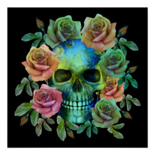 PÔSTER CRÂNIO VERDE MORTE COM FLORES