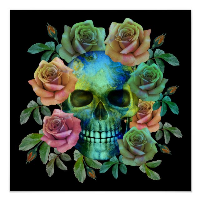 PÔSTER CRÂNIO VERDE MORTE COM FLORES (Frente)