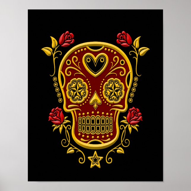 Poster Crânio vermelho e amarelo com Rosas em preto (Frente)