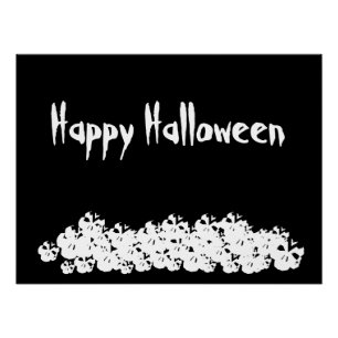 Pôster Crânios brancos pretos do Halloween empilham text