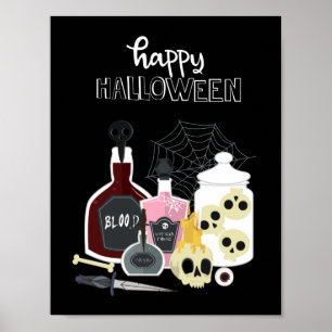 Pôster Crânios e ilustrações o Dia das Bruxas feliz da