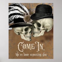 Poster Crânios Góticos no Chapéu Vintage Halloween