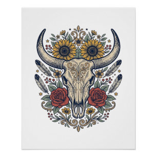 Pôster Cravo Floral Vintage Crânio de Touro Ocidental