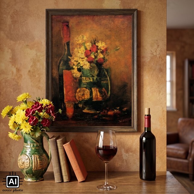 Pôster Cravos, Rosas e uma Garrafa por Vincent van Gogh (Vase with Carnations, Roses and Bottle by Vincent van Gogh is a vintage post impressionism painting.)