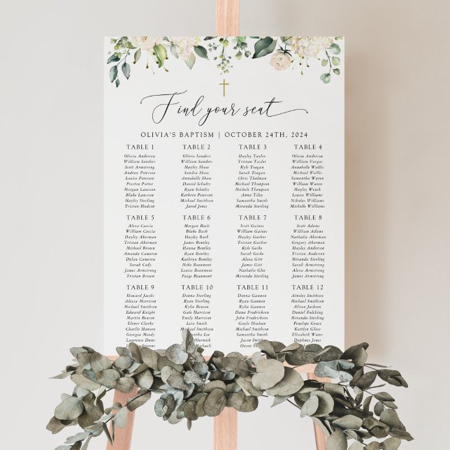 Poster Cream White Flowers, Boho, Baptism Seating Chart (Criador carregado)