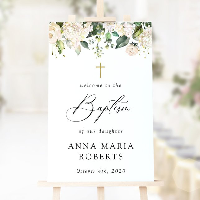 Poster Cream White Flowers, Boho, Floral Baptism Welcome (Criador carregado)