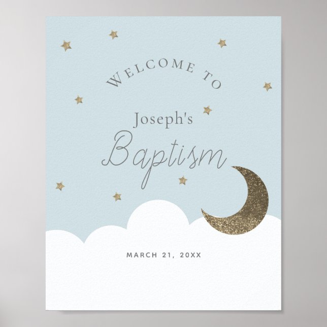 Poster Crescent Moon Stars Blue Boy Baptism Sinal de boas (Frente)