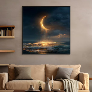 Poster Crescente Lua Dourada Surreal Acima do Oceano