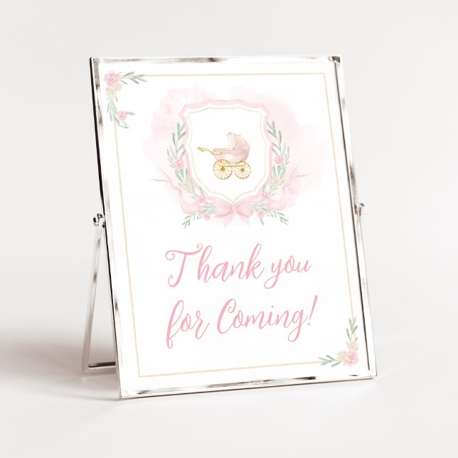 Poster Crest de Aquarela Rosa Obrigado por vir (Pink Gold Carriage Crest Baby Shower Thank you for Coming Sign)