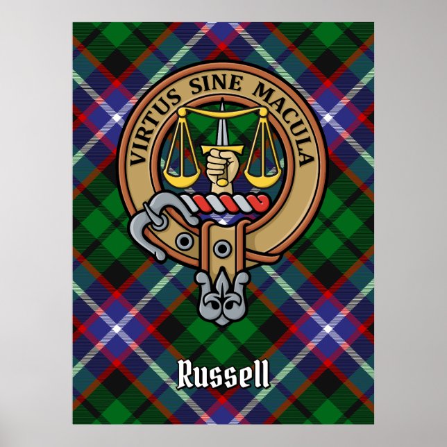 Poster Crest do Clã Russell sobre Tartan (Frente)
