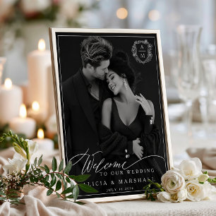 Poster Crest Floral Preto Branco Foto Casamento Bem-vindo