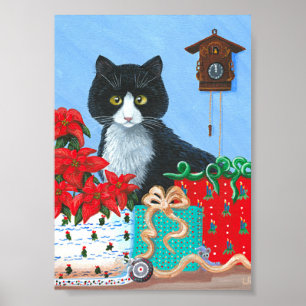 Pôster Criacionaristas de Natal Tuxedo Cat Poinsettias