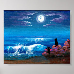 Pôster Criações de Arte Negra para Gatos no Oceano Lua