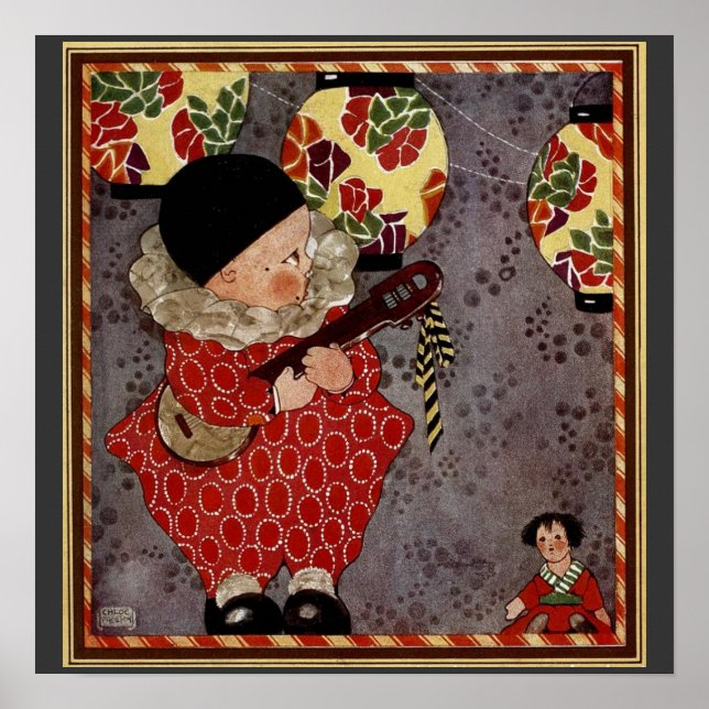 Poster Criança Antiga Arlequim, Músico Tocando Banjo (Frente)