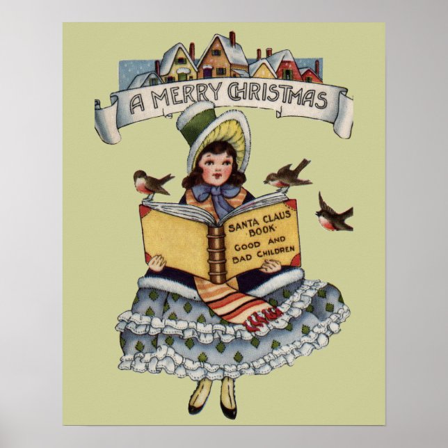 Poster Criança Antiga com o Livro do Papai Noel (Frente)
