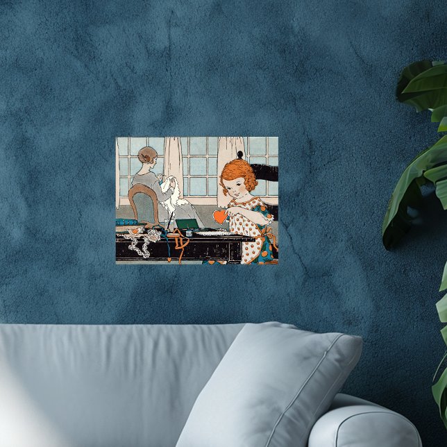 Poster Criança Antiga Menina no Dia dos Namorados para a  (Little red haired girl making paper hearts for mother sitting in chair sewing on wall art poster.)