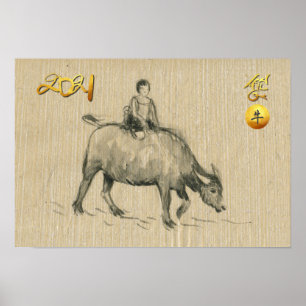 Poster Criança Buffalo Chinesa Ox Ano 2021 HorP
