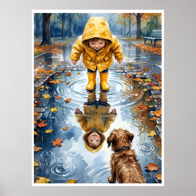 Poster Criança com Capa Amarela de Chuva em Poça com Cach (Frente)