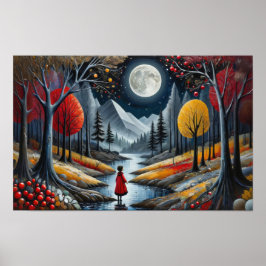 Poster Criança com casaco vermelho explorando floresta ca