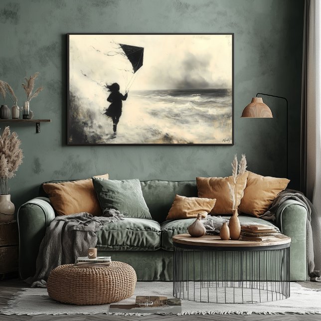 Poster Criança com pipa pelo mar na arte do carvão (Criador carregado)