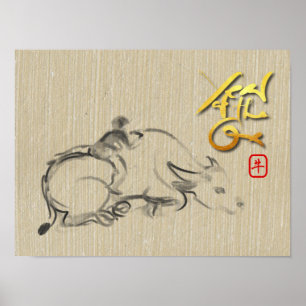 Poster Criança pintada Água Búfalo Chinês Ox Ano Novo