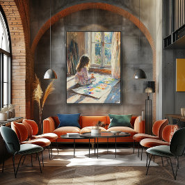 Poster Criança Pintando em Sala Iluminada pelo Sol – Arte