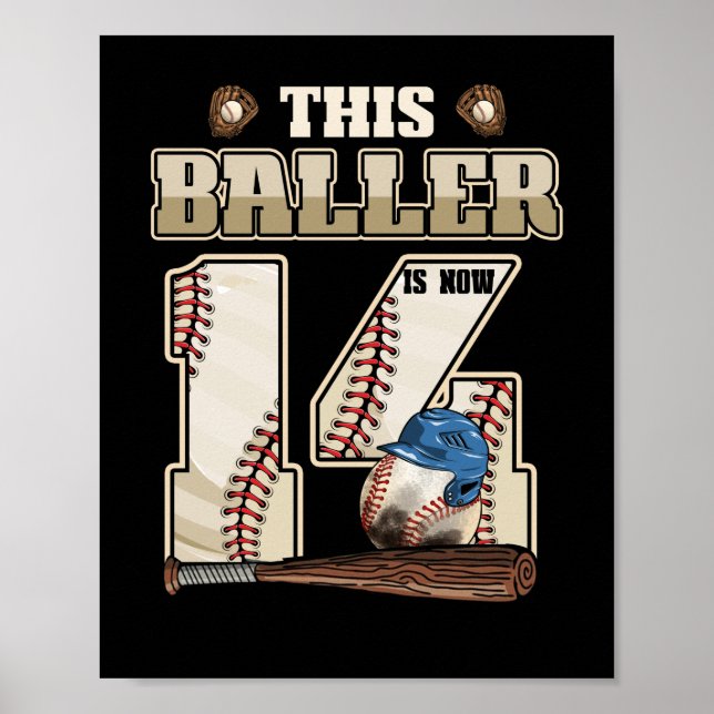 Poster Crianças 14 Birthday Baseball Boy de catorze anos (Frente)
