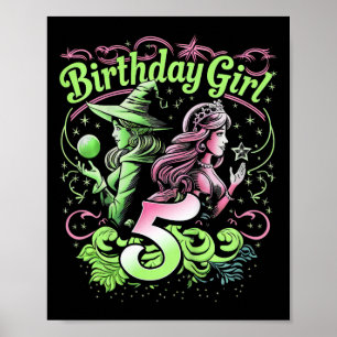 Poster Crianças 5 bruxas de aniversário rosa e verde de 5