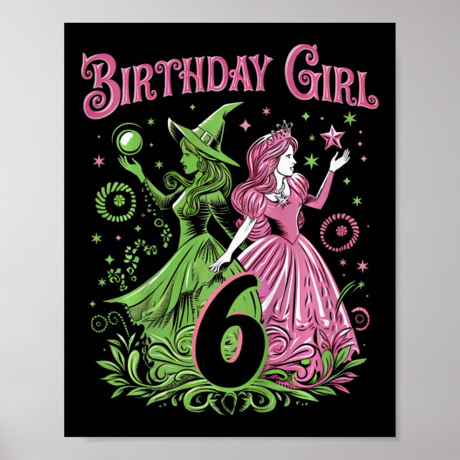 Poster Crianças 6 bruxas de aniversário rosa e verde de 6 (Frente)