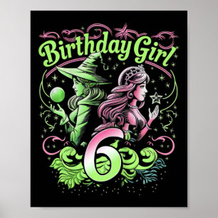 Poster Crianças 6 bruxas de aniversário rosa e verde de 6