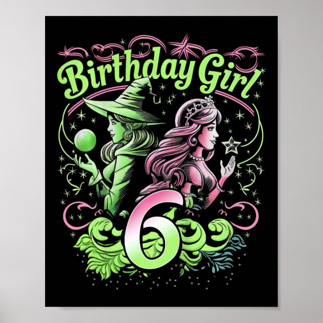 Poster Crianças 6 bruxas de aniversário rosa e verde de 6 (Frente)