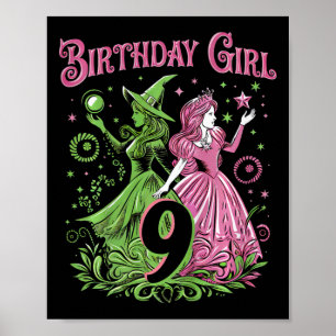 Poster Crianças 9º aniversário Bruxa rosa e verde de 9 an