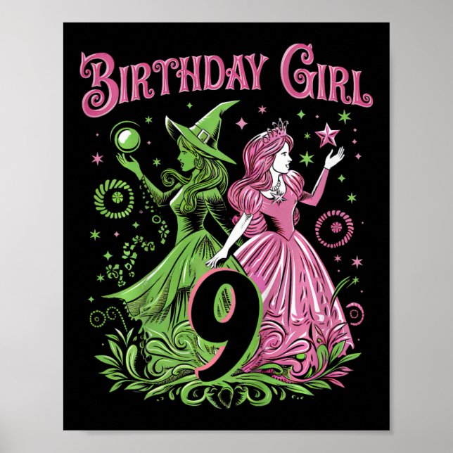 Poster Crianças 9º aniversário Bruxa rosa e verde de 9 an (Frente)