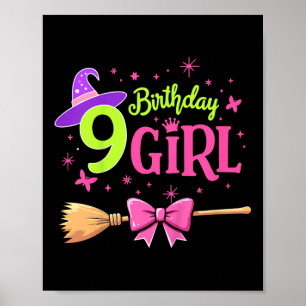 Poster Crianças 9º aniversário Bruxa rosa e verde de 9 an