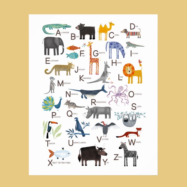 Poster Crianças Animal ABC Alfabet Art (Cute animal ABC alphabet for newborn, boy or girl gender neutral nursery or kids room decor wall art)
