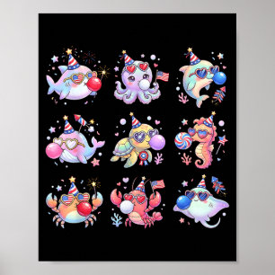 Poster Crianças Aniversário 4 De Julho Animais Marinhos F