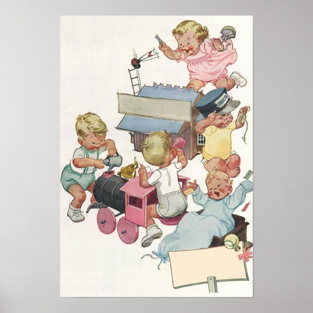 Pôster Crianças Antigas se Divertindo com Trens de Brinqu (Frente)