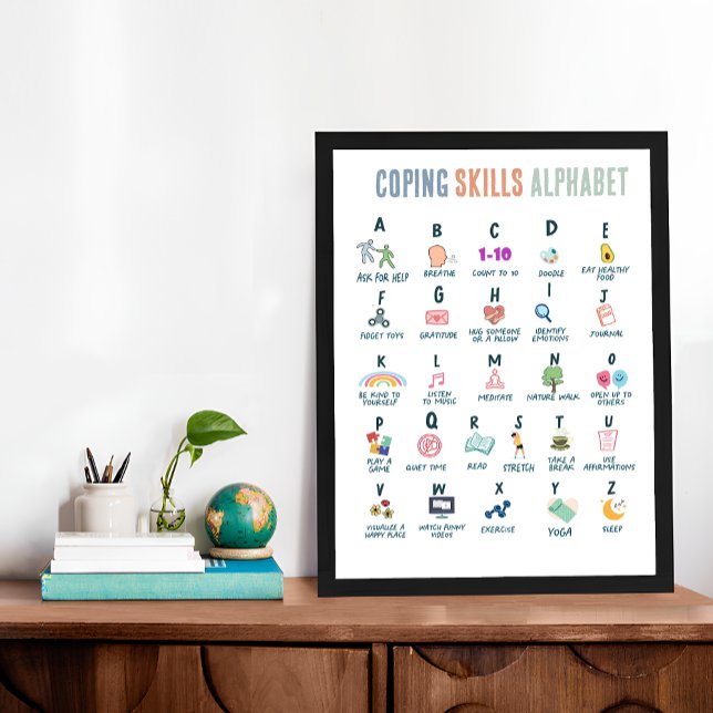Poster Crianças bonitas lidando com o alfabeto, saúde men (Cute kids Coping Skill Alphabet, Mental Health Poster)