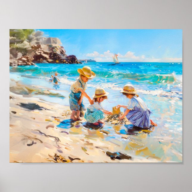 Poster Crianças Brincando na Praia - Arte Impressionista (Frente)