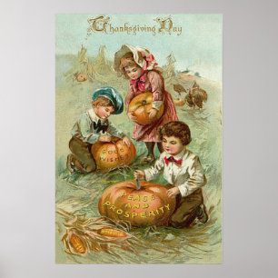Poster Crianças Carving Pumpkins Turquia Haystack Corn