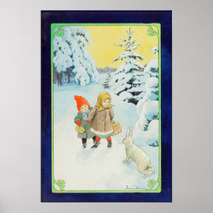 Poster Crianças com lebre no inverno - Natal