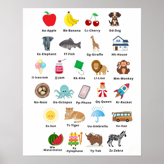 Poster Crianças Cute Alphabet ABC Learning Nursery Decor (Frente)