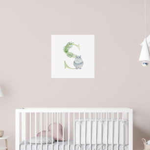 Poster Crianças Cutes Monograma S Nursereria Animal HIPPO